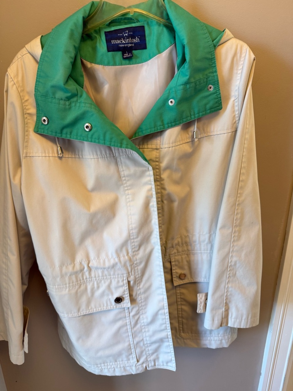 Mackintosh Cream Trench Coat with Green Collar